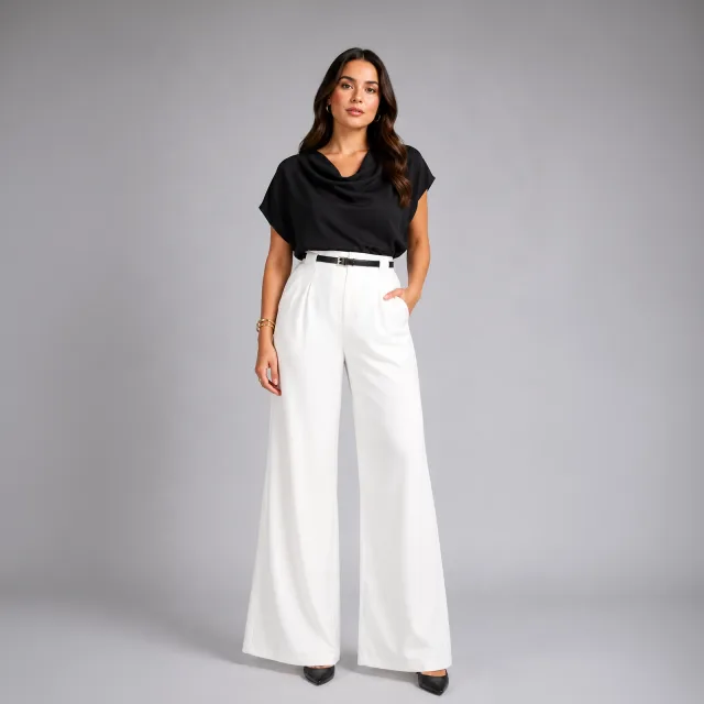 Ivory Wide-Leg Pleated Trousers