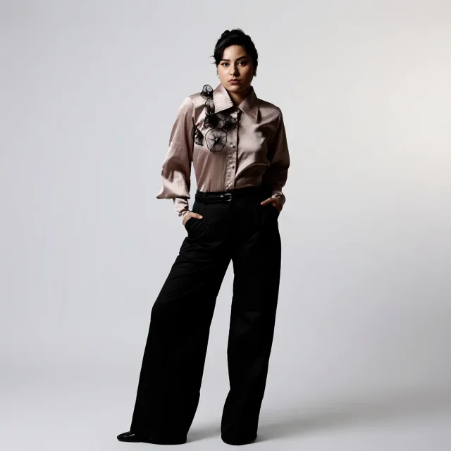 Champagne Satin Appliqué Blouse