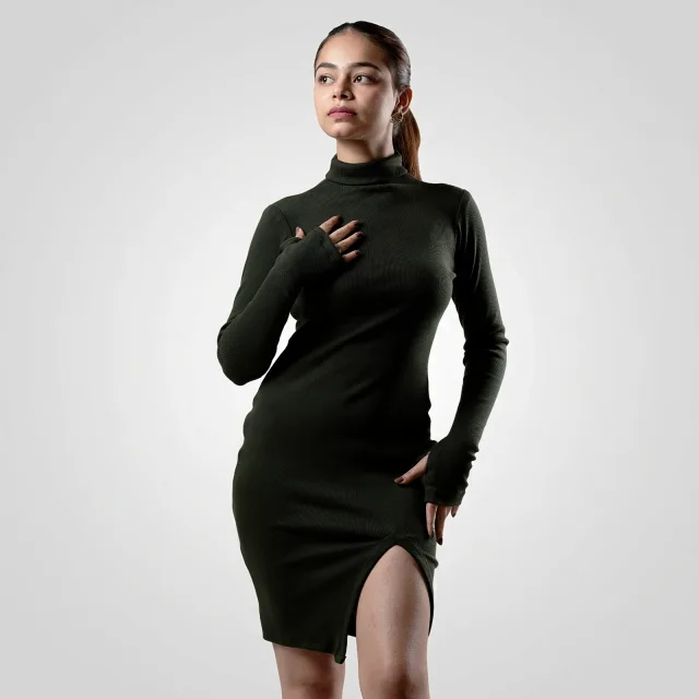 Emerald Ribbed Turtleneck Dress
