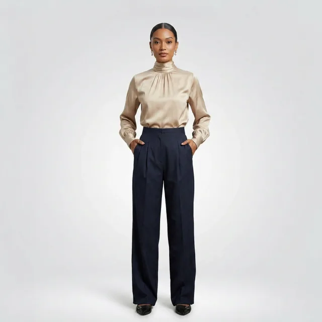 Navy Wide-Leg Tailored Trousers