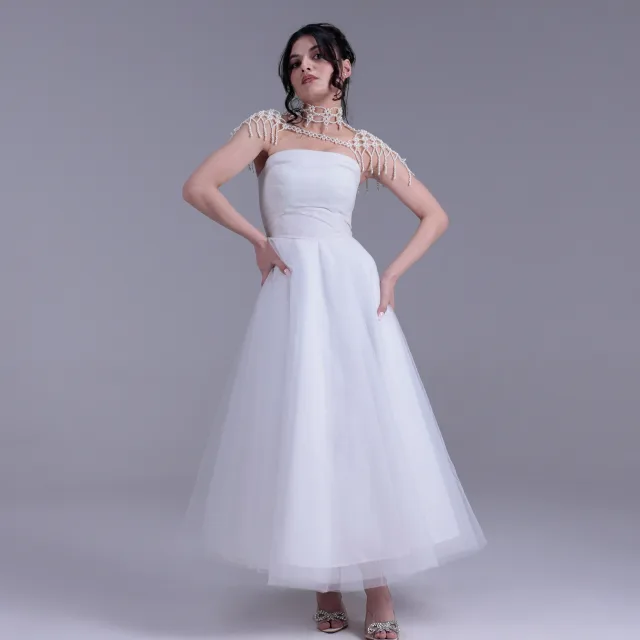 Ivory Strapless Tulle Midi Gown