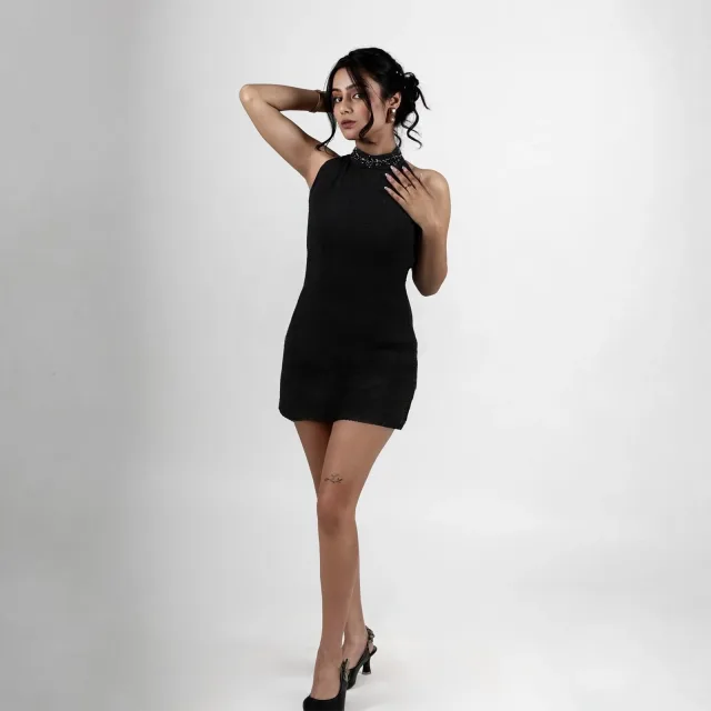 Noir Embellished Halter Mini Dress