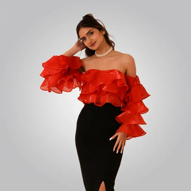Crimson Ruffled Organza Top
