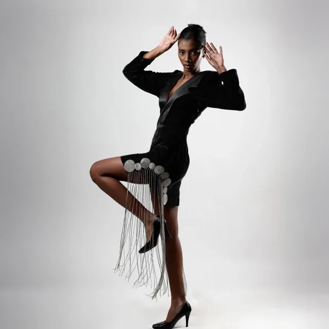 Noir Velvet Chain-Fringe Mini Dress