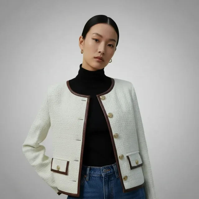 Ivory Tweed Leather Trim Jacket