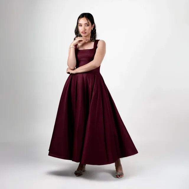 Mulberry Square-Neck Flared Gown