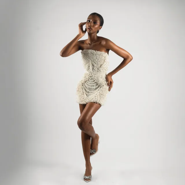 Luminescent Pearl Strapless Mini Dress