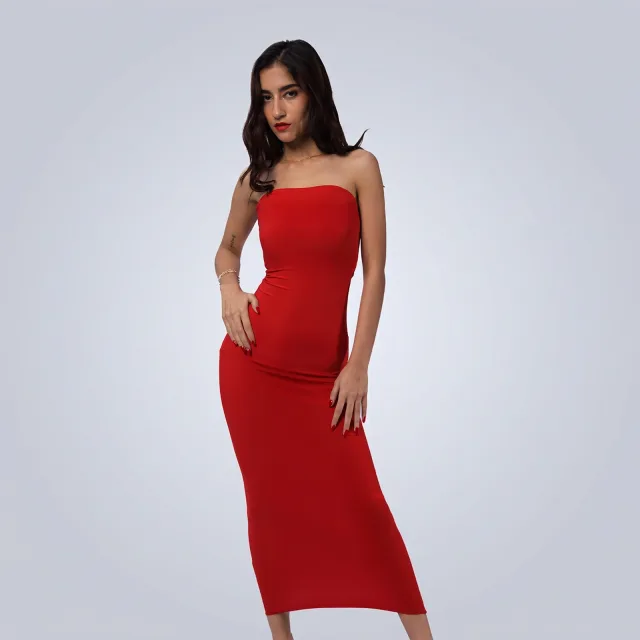 Crimson Strapless Midi Dress