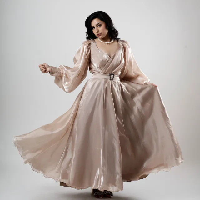 Champagne Draped Volume Sleeve Gown