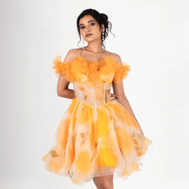 Marigold Floral Organza Mini Gown