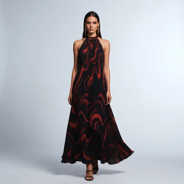Crimson Swirl Halter Pleated Maxi Dress