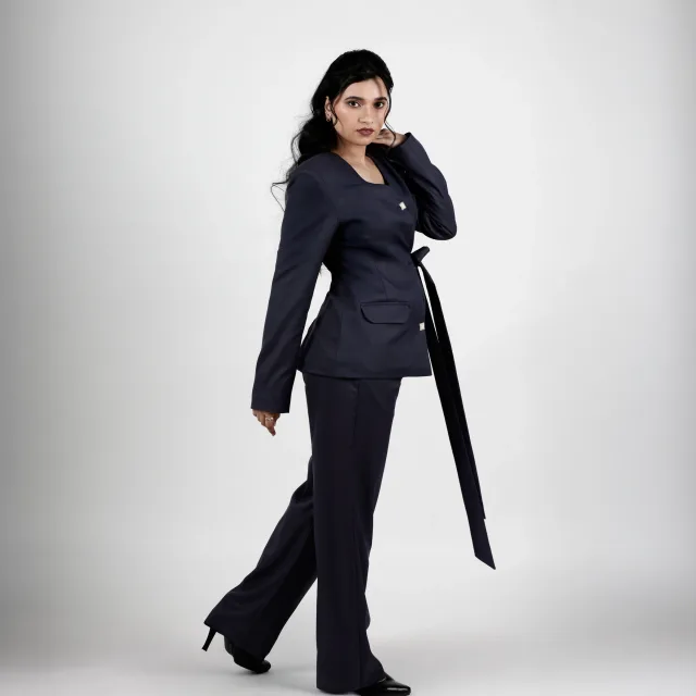 Navy Crepe Belted Trouser Set
