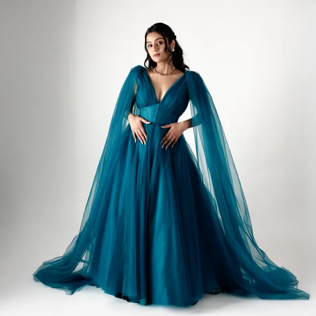 Oceanic Tulle Cape Gown