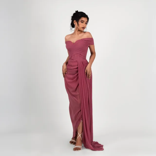 Rosewood Draped Off-Shoulder Gown