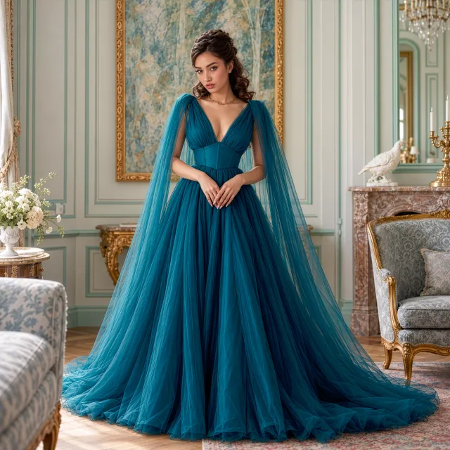 Oceanic Tulle Cape Gown