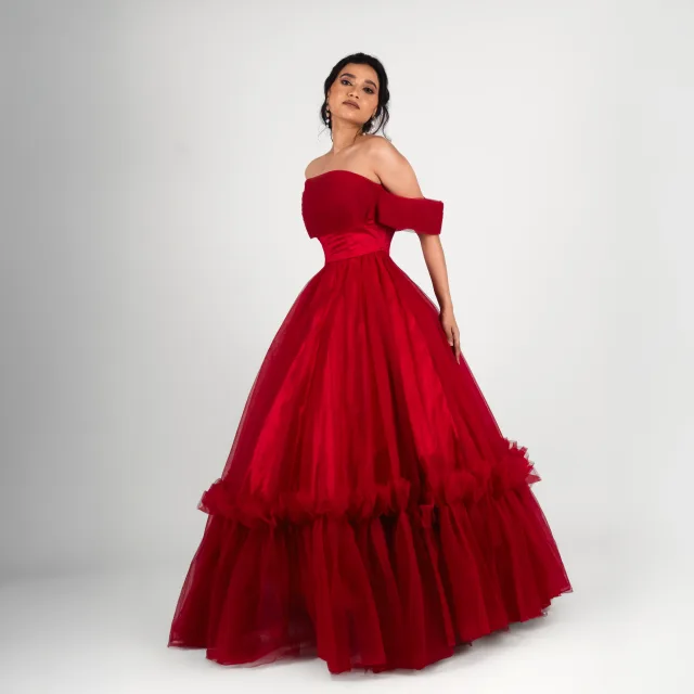 Scarlet Organza Ruffled Gown