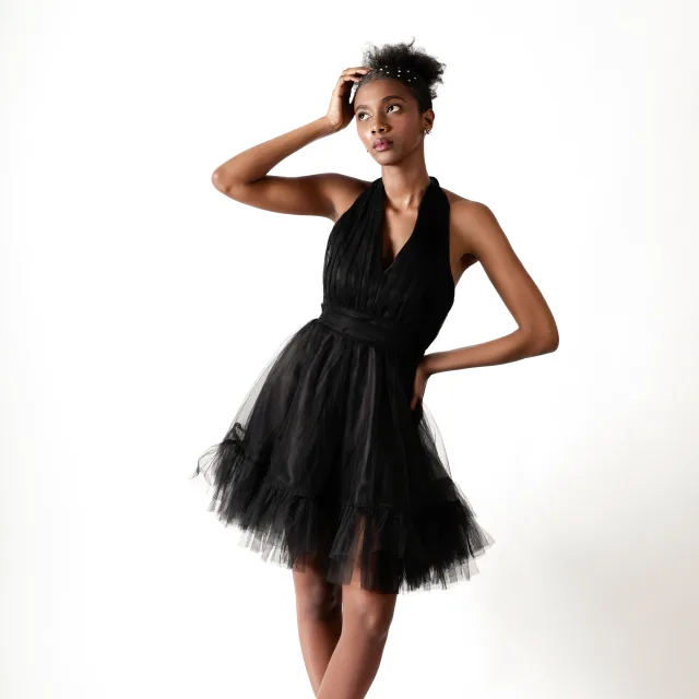 Noir Tulle Halter Mini Dress
