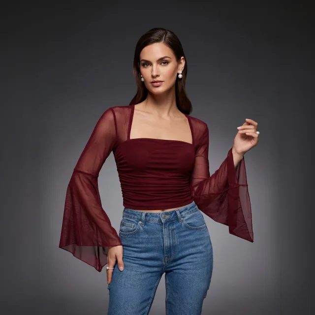 Crimson Mesh Bell-Sleeve Top