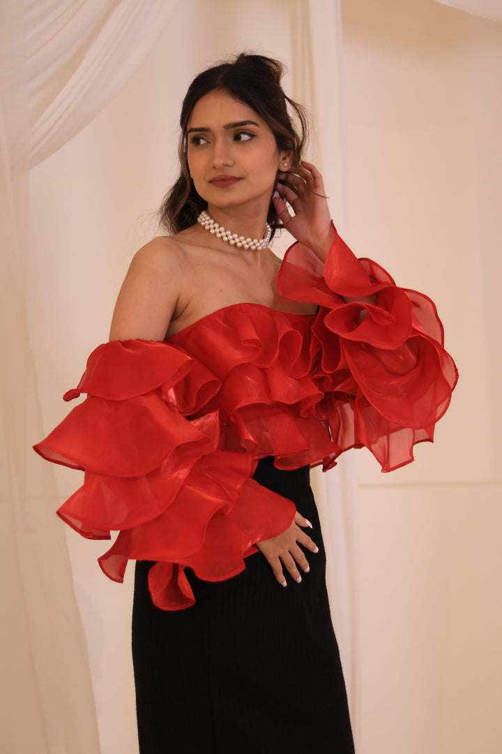 Flamenco Flair Organza Ruffled Off-Shoulder Top