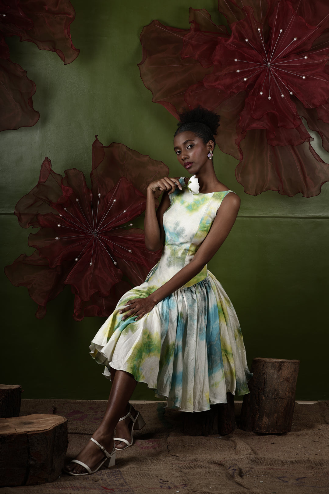 Whimsical Tie dye Gathered Midi Dress
