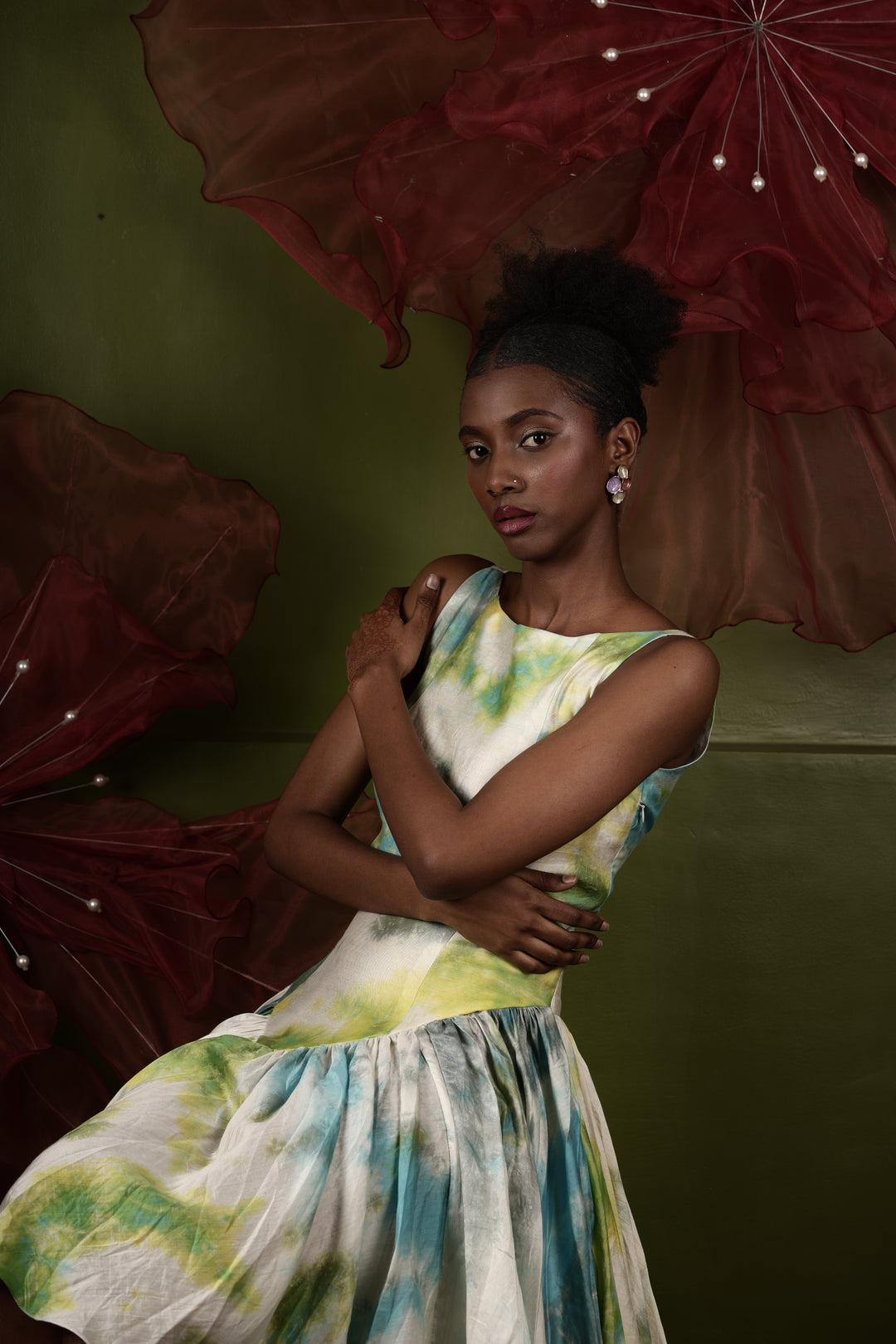 Whimsical Tie dye Gathered Midi Dress